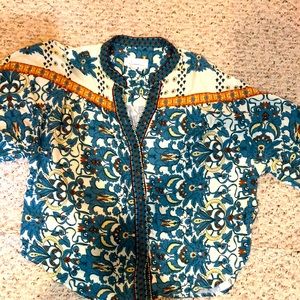 Anthropologie blouse XSP paisley button down blue cream orange top
